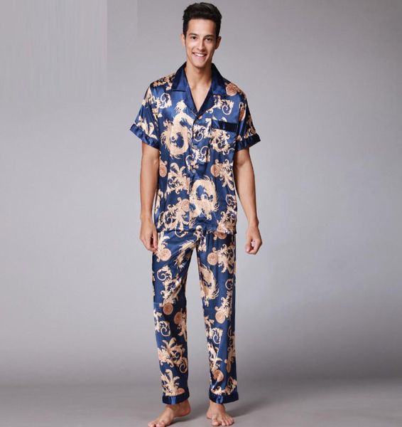 

2017 retro fashion v neck short sleeve pyjamas soft smooth fake silk pajamas for men with l xl xxl with printing sy0182715520, Black;brown