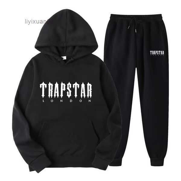 

tracksuit trapstars brand printed sportswear men's t shirts 16 colors warm two pieces set loose hoodie sweatshirt pants jogging sweate, Black