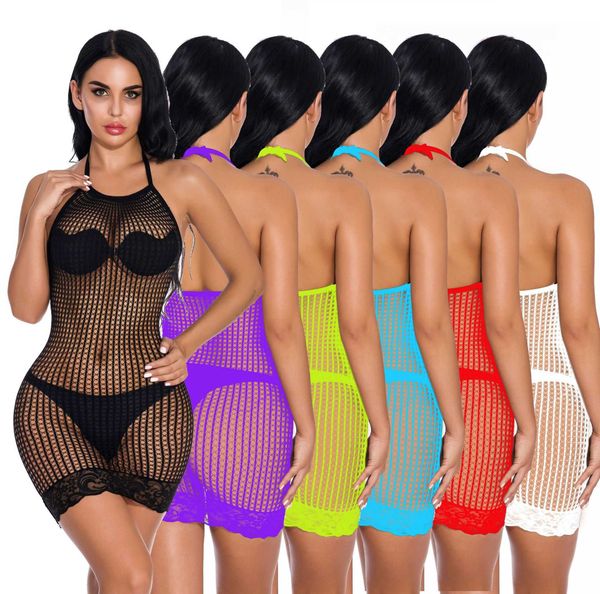 

set halter neck lingerie fishnet plus size dress bodystocking 230808, Red;black