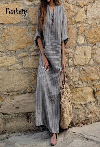 

women fanbety vintage cotton linen pocket dress summer v neck kaftan long sleeve striped dress elegant long maxi boho dress8221049, Black;gray