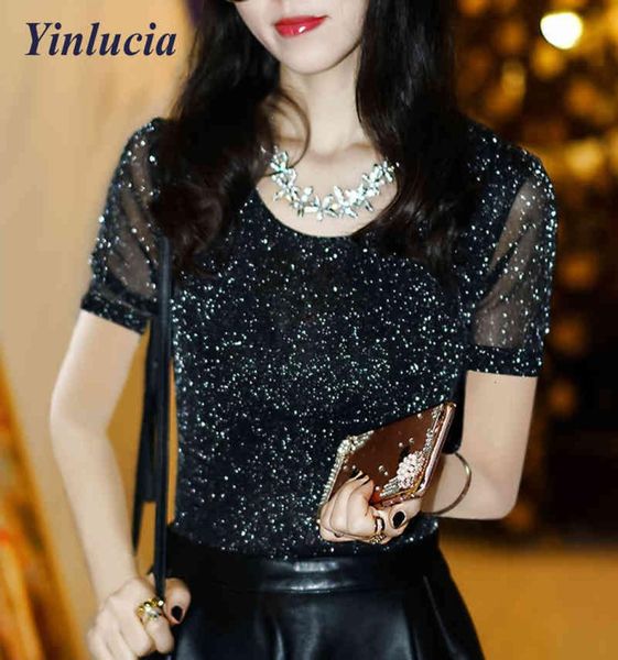 

t designer shirtwomen039s tshirt women 2022 blouses net yarn t shirt shining lurex mesh lace tee blouse flexible sof3742136, White