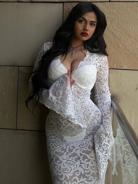 

basic casual dresses julissa mo 2023 elegant lace see through v neck maxi dress for women summer chic longsleeves hollow out slim floor 2308, Black;gray