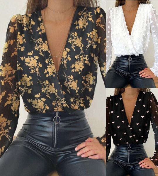 

new design women deep v neck white jacquard fashion shirt female long sleeve chic shirt polka dot solid color mesh blouse5631006