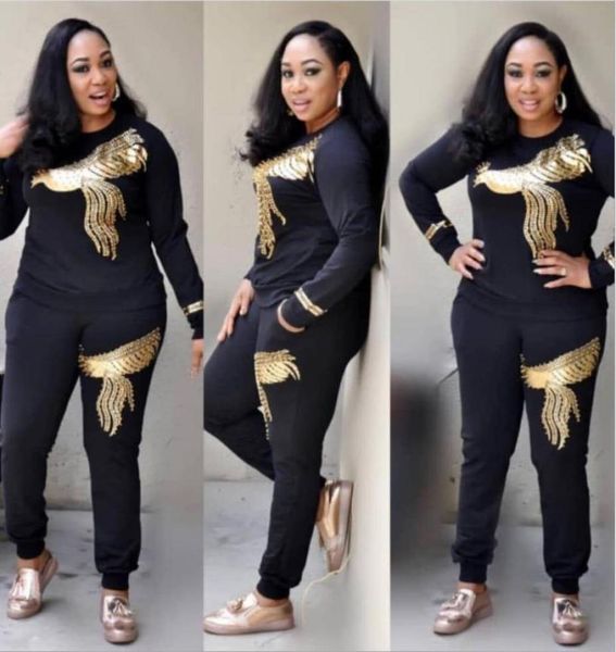 

women tracksuit ethnic clothing beading sequined african elastic bazin baggy pants rock style dashiki sleeve famous suit for lady4399820, Black