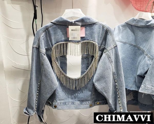 

streetwear 2020 autumn new heavy industry rhinestone back hollowed out love tassel denim cropped jacket female loose jeans coat6302788, Black;brown