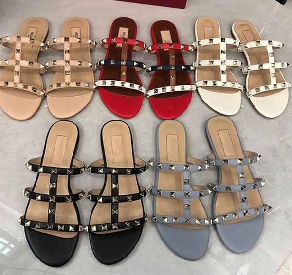 

new luxury women flat sandals rivet valen espadrilles shoes black sandals casual flat leather slippers flip flops 35-44 v dust bag