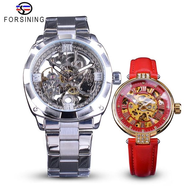 

forsining couple watch set combination men silver automatic watches steel lady red skeleton leather mechanical wristwatch gift276j, Slivery;brown
