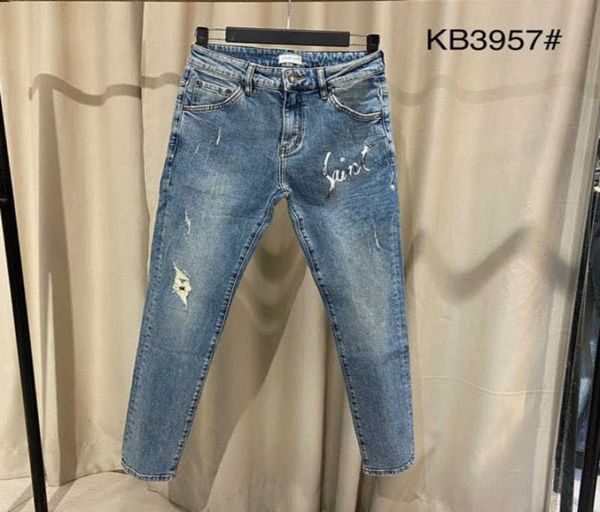 

high version men jeans fashion ripped trousers saint designer pants slp letter embroidered denim pants mens straight jeans5838677, Blue
