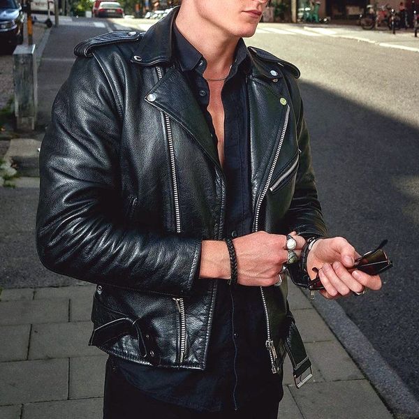 

men's leather faux zipper oblique autumn fashion perfecto genuine motorcycle jacket 100 natural black biker rider cowhide male coat 230