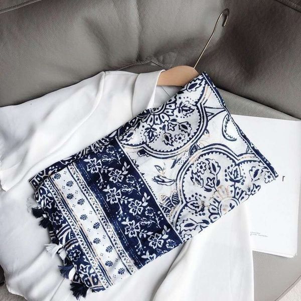 

silk scarf summer thin sunscreen all match print, Blue;gray