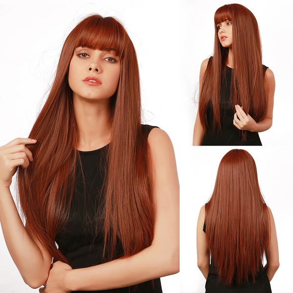 

women's silky straight long auburn wig with bangs ombre synthetic wig, Black