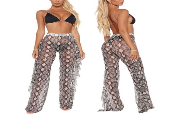 

women see through pants 2021 new summer lady mesh sheer bikini cover up ruffles pants leopard serpentine printing trousers p55837268, Black;white