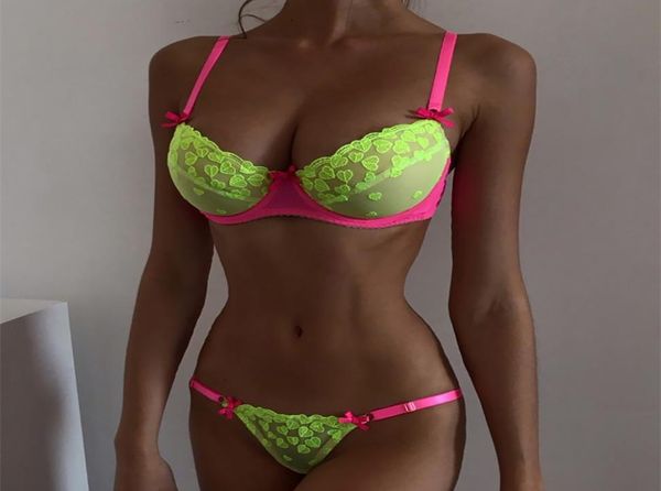

2021 new fashion ladies seduction ee threepoint beha sling lingerie set neon green pink underwear set6782022, Black;white
