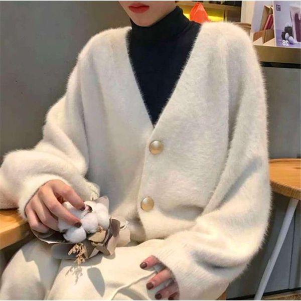 

item title mink velvet lazy wind sweater cardigan coat womens autumn and winter short loose all matching korean, White;black