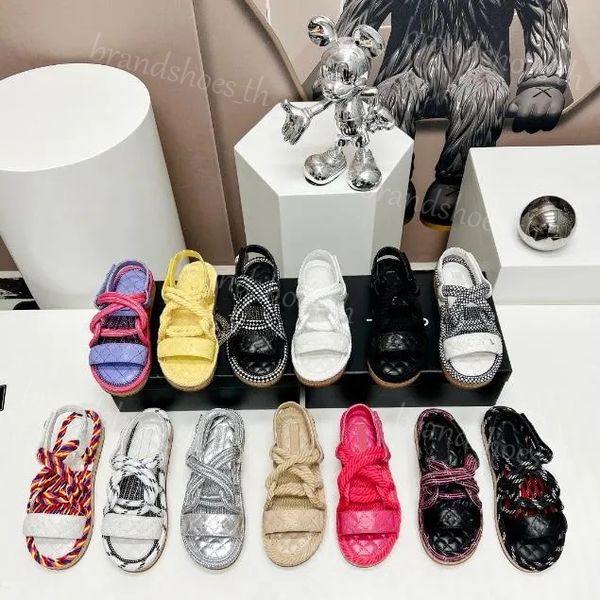 

designer sandals rope women sandals flat straw slides slip on buckle shoes rubber platform slipper elegant leather sandal metal letter beach, Black