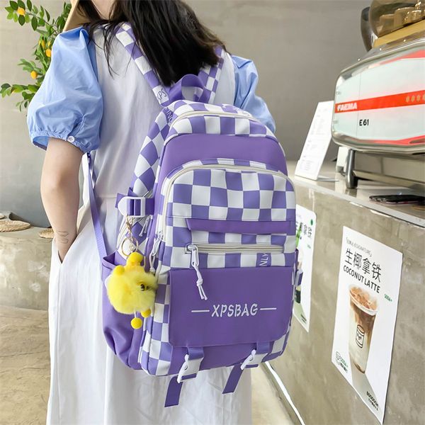 

middle school backpacks female cross-border korean casual backpacks large capacity checkerboard simple backpack four piece set wholesale