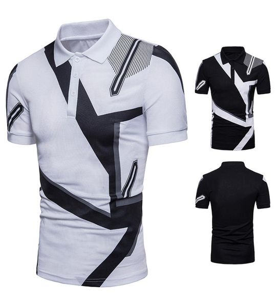 

new summer polos black white geometry printing shirts cotton short sleeve slim fit casual tees for men7057667, White;black