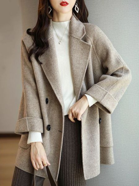 

womens wool blends winter coats fashion overcoat female elegant solid thick coat double breasted long jackets for women 230831, Black