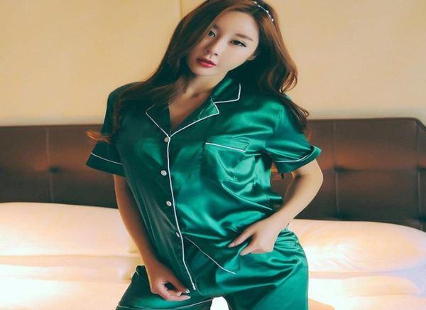 

silk satin two piece set women039s pajamas pink patchwork casual woman shorts sleepwear 2019 summer female nightie plus si6119160, Black;gray