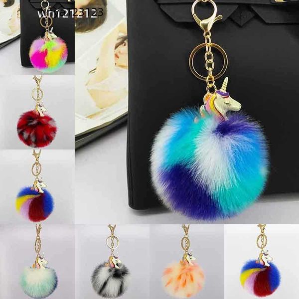 

pom-pom unicorn keychain clip artificial fur ball key ring handbag fashion jewelry for women, Slivery;golden