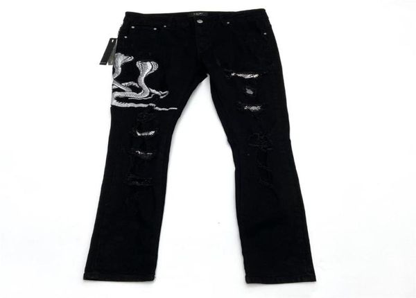 

men039s jeans high street classic black snake puzzle selfcultivation ripped with small feet foreign trade pants3618240, Blue
