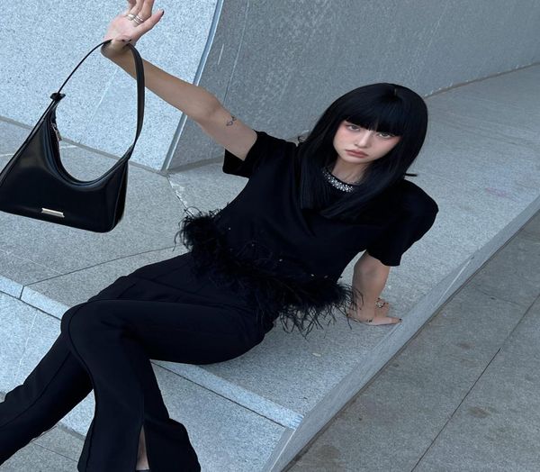 

miu2022 new spring and autumn tshirt logo with drill ostrich fur jacket summer women039s shirt highgrade clothing valentine7632725, White