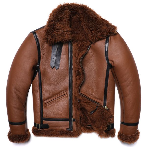 

men's leather faux brown thick sheep shearling wool jacket original ecological fur genuine sheepskin male warm coats flight jackets 230, Black