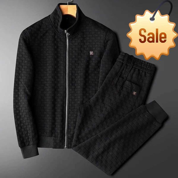 

men's tracksuits black suit spring and autumn new light luxury fashion men's zipper jacket casual streetwear trousers plaid suit g, Gray
