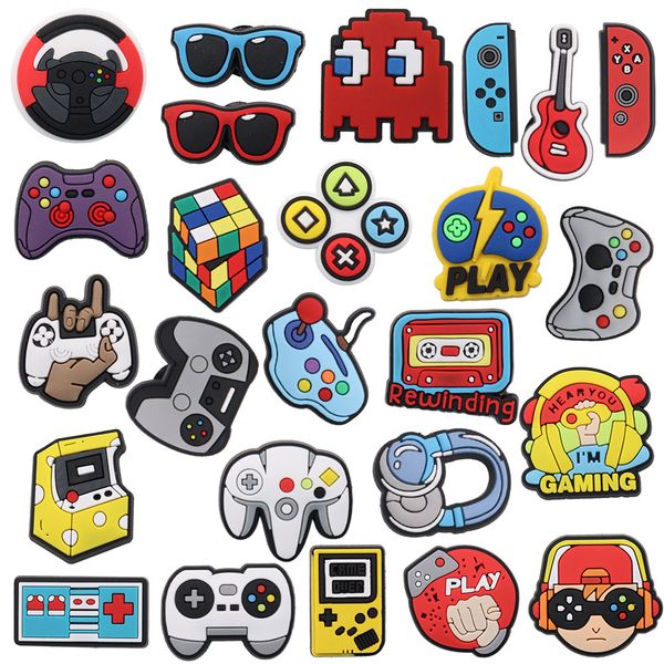 

wholesale 100pcs pvc gamepad sunglasses guitar cool shoe charms earphone kids buckle decorations for wristband button clog, White;pink