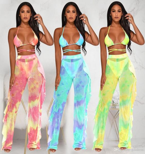 

women bikini set 2pcs swimsuit fashion print perspective mesh ruffles cover up long pantsvest women two piece summer ou2378932, White