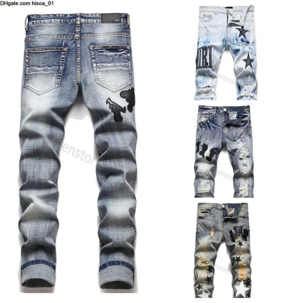 

miri jeans men's european jean hombre letter star men embroidery patchwork ripped for trend brand motorcycle pant mens skinny long am j, Blue