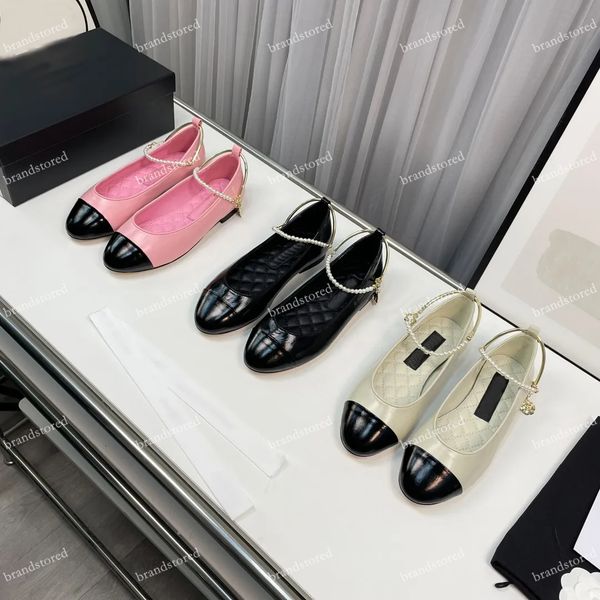 

designer woman sandals luxury pearl ballet shoes leather round toe shallow chain mary jane sandals fashion retro outwear shoes size 35-40 wi, Black
