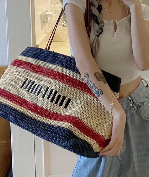 

outdoor tote woven bag holiday woven knitted beach bag stripe tote tote for traveling miui bag 27xm