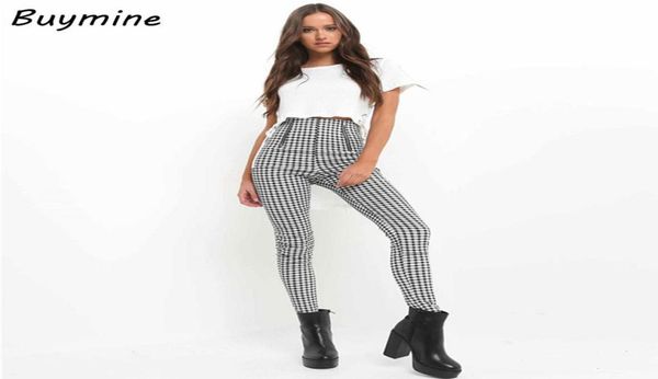 

high waist pants women black white plaid pants 2017 zip side skinny pants autumn casual pencil trousers gingham pantalon6440579