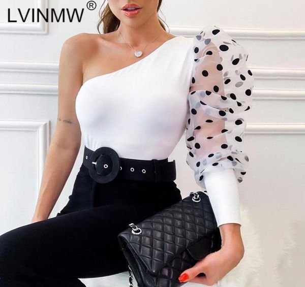 

polka dot print mesh patchwork one shoulder t shirt 2021 summer women puff sleeve slash neck slim streetwear women0392913268, White