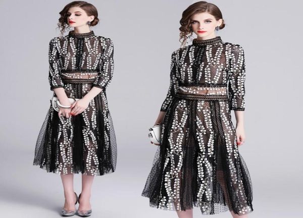 

2020 new runway desgin self portrait midcalf women039s dress elegant flower floral embroidery black vintage dresses vestidos r2397494, Black;gray