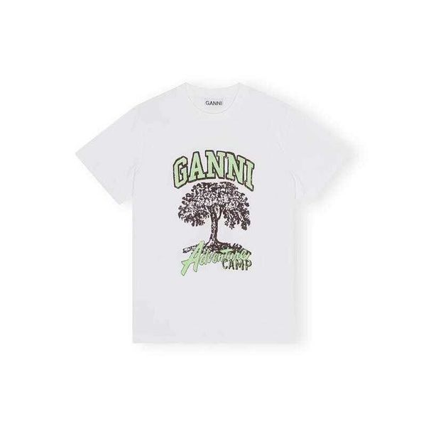 

ganni womens designer tee fashion printed pattern short sleeve t-shirt loose pullover t-shirt new short sleeve camp small tree printed round, White