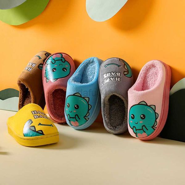 

slipper winter childrens slippers 2022 new kids slippers dinosaur warm plush indoor autumn non-slip soft plush slipper for boys girls l0831, Black;grey
