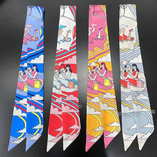 

scarves 2022 cartoon girl print women scarf luxury brand silk scarf fashion headband foulard skinny hair bag scarves design neckerchief t230, Blue;gray