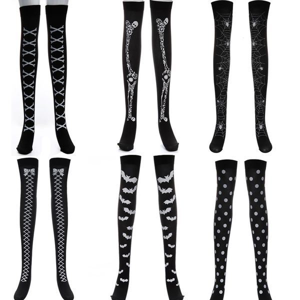 

socks hosiery 1 pair women halloween stockings gothic aesthetic cobweb skull bat print thigh high cosplay party compression 230830, Black;white