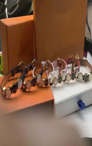 

europe america fashion lady women print letter flower pattern enamel four rivets engraved v letter metal leather bracelet bangle 64140643, Black