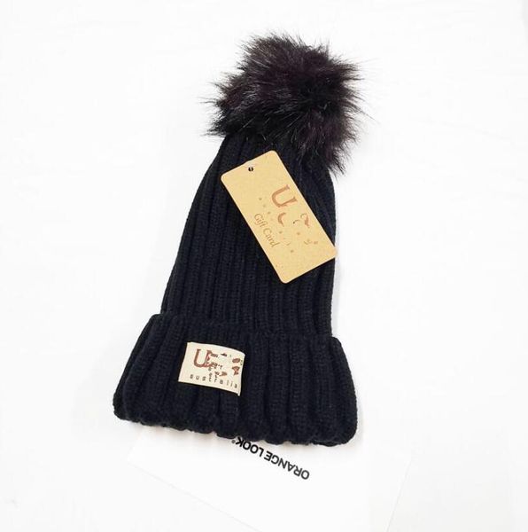 

designer winter knitted beanie woolen hat women chunky knit thick warm faux fur pom beanies hats, Blue;gray