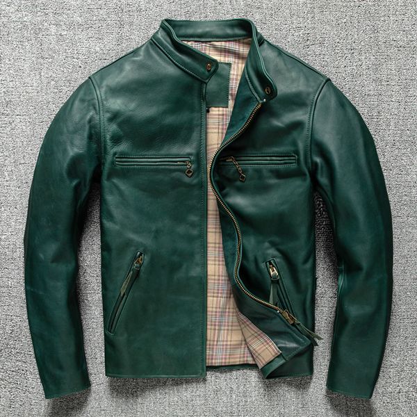 

men's leather faux fashion luxury green horsehide jacket racing motorcycle biker autumn genuine leathc coats male 5xl perfecto 230831, Black