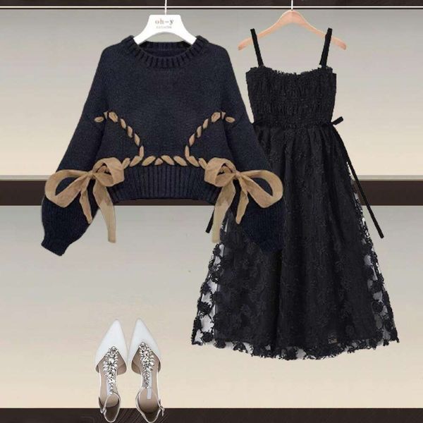 

large size womens clothing autumn sweaters suit style skin tight design age reducing sweater lace skirt two piece, White;black