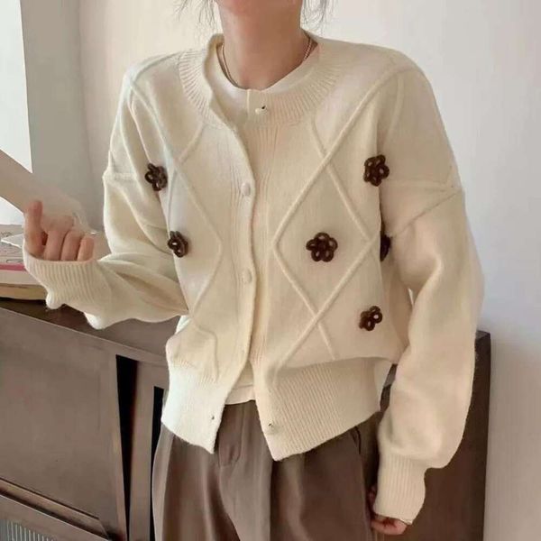 

loose round neck womens sweaters flower design sense niche cardigan sweater spring and autumn coat short top, White;black
