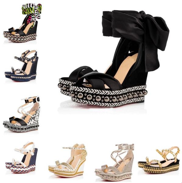 

luxury brand redsole levantine wedges studs sandal shoes women stain leather strap party dress lady madmonica espadrille sandalias eu35-43 w, Black