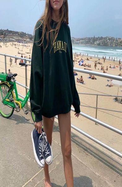 

haii letters embroidery oversized sweatshirt women autumn winter dark green crew neck loose casual pullover female 570266, Black