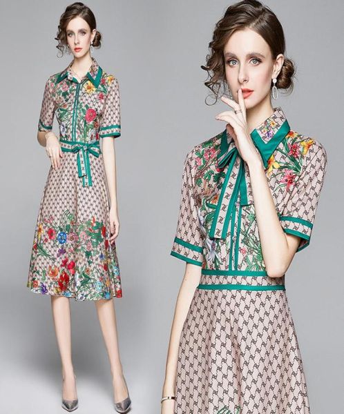 

new summer runway vintage print collar bow tie neck short sleeve button front women ladies casual party beach stylish aline midi 5579498, Black;gray