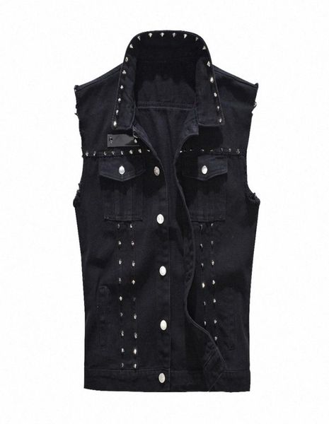 

laamei 2019 denim vest men punk rock rivet cowboy black jeans waistcoat fashion men motorcycle style sleeveless jeans jacket 9kwv9180313, Black;white