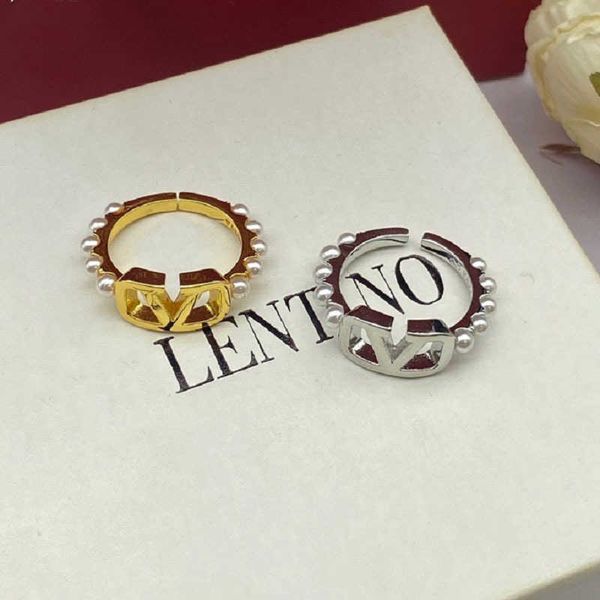

fashion designer valentino v-letter pearl adjustable open ring made of brass material small design with logo and box, Silver